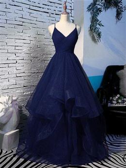 Picture of Pretty Navy Blue Tulle Layers Straps Long Party Dresses, Blue Prom Dresses